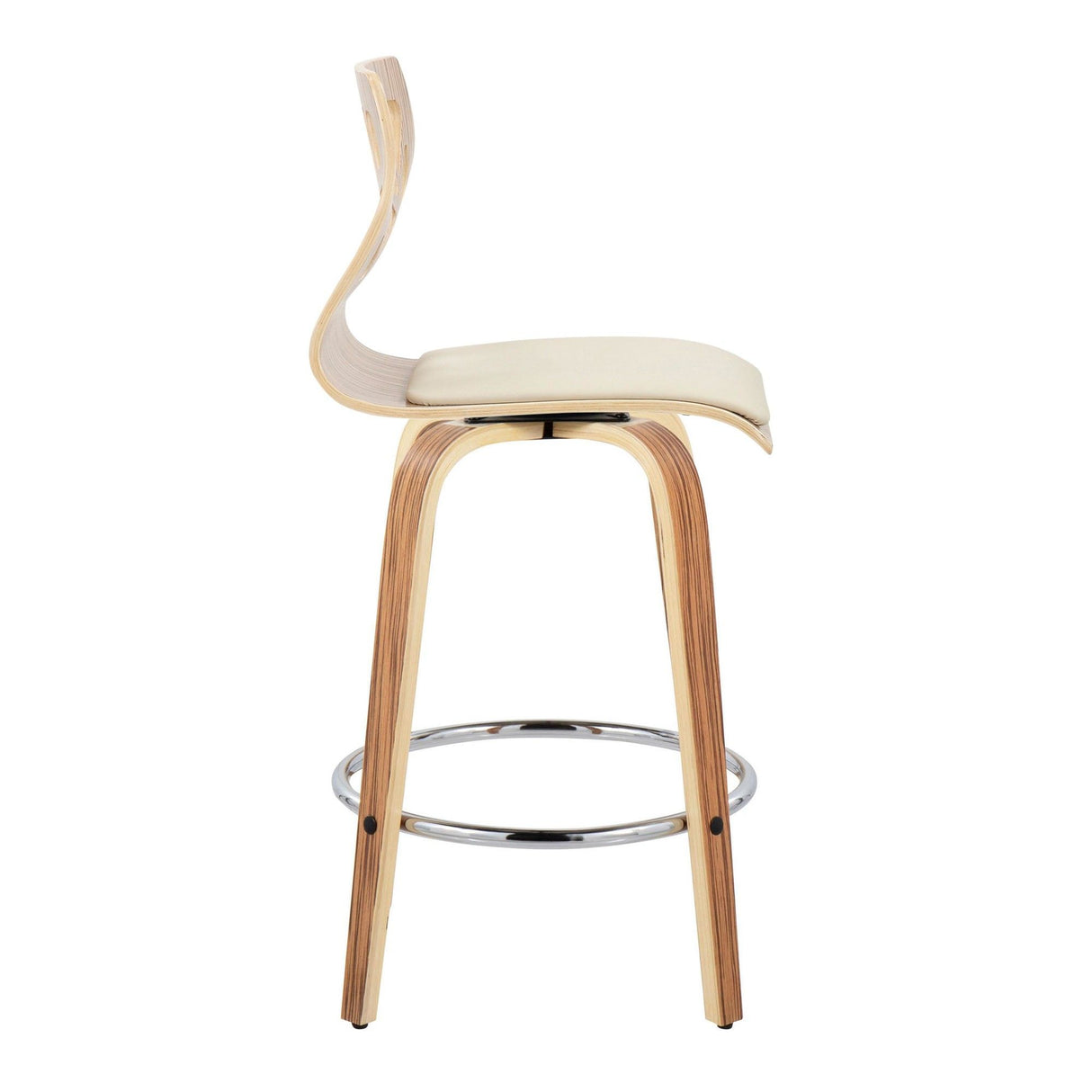 Folia - Contemporary Fixed-Height Swivel Counter Stool (Set of 2) - Zebra Wood And Cream Faux Leather With Round Chrome Metal Footrest