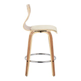 Folia - Contemporary Fixed-Height Swivel Counter Stool (Set of 2) - Zebra Wood And Cream Faux Leather With Round Chrome Metal Footrest