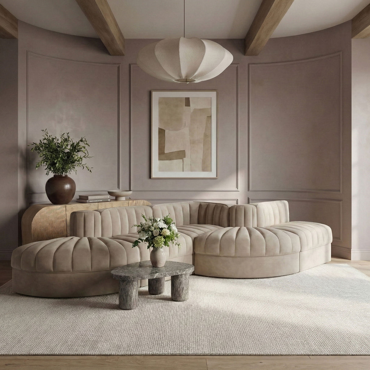 Rummi - Rounded Velvet Performance Fabric Upholstered 5 Piece Modular Sectional