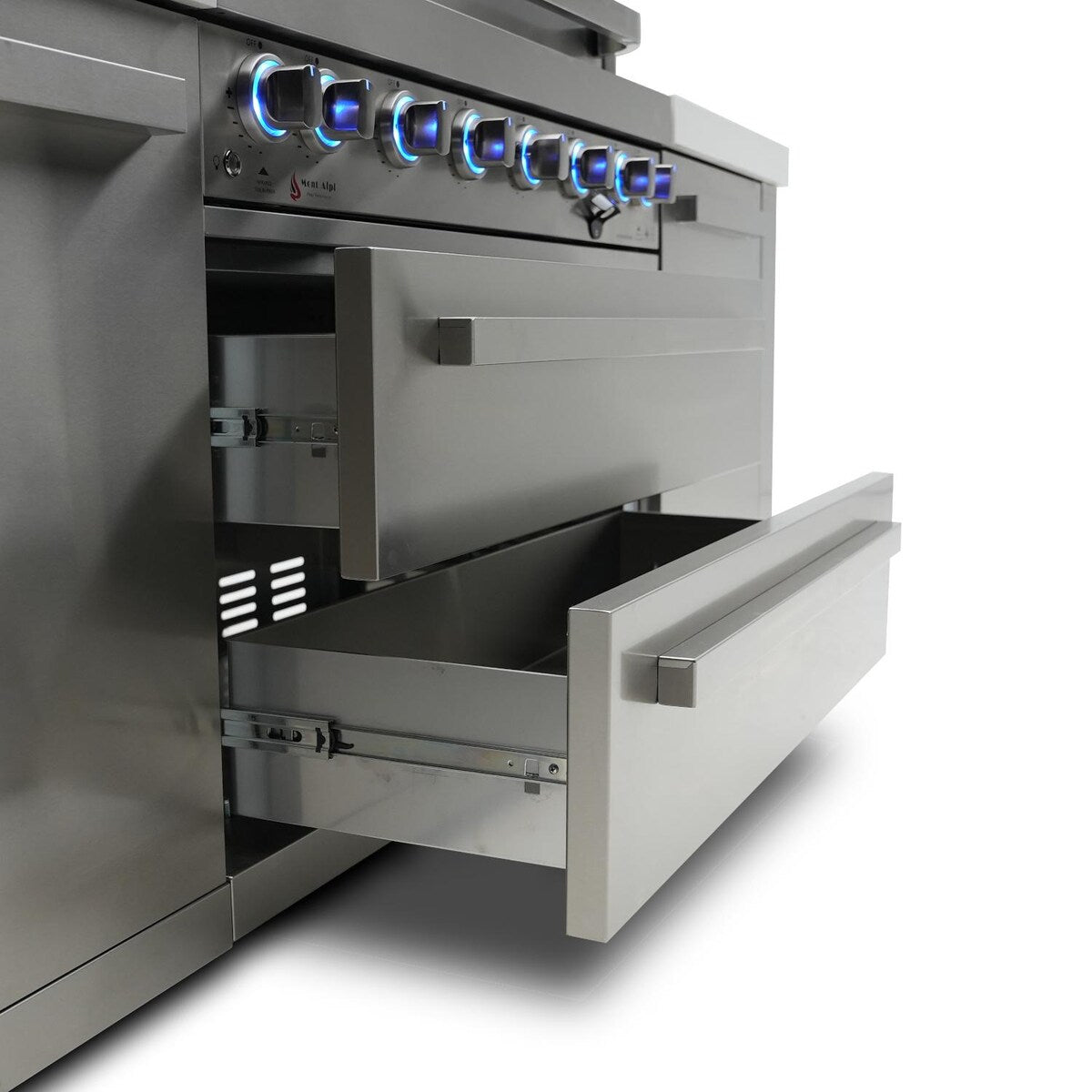 Mont Alpi Original Series 8 Ft L-Shaped Propane Outdoor Kitchen Island w/ Side Burner & Kegerator - MAi805-90KEG