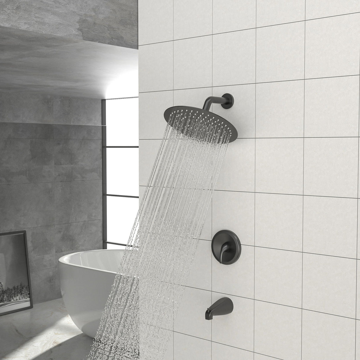 10" Round Rain Shower Head System With Waterfall Tub Spout, Wall Mounted, Stainless Steel