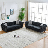 Chesterfield Velvet Upholstery Fabric Sofa With Roll Armrest & Nailhead, Mid Century Modern 3 And 3 Seater Couch