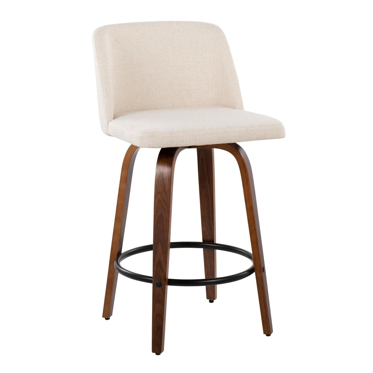 Tintori - Fixed-Height Counter Stool (Set of 2) - Walnut Wood With Round Black Footrest And Cream Noise Fabric