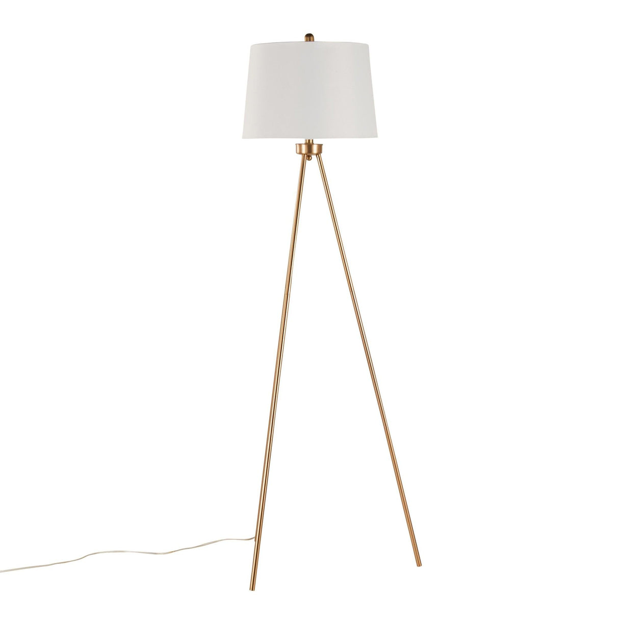 Tripod - Metal Floor Lamp - Gold Metal, White Linen