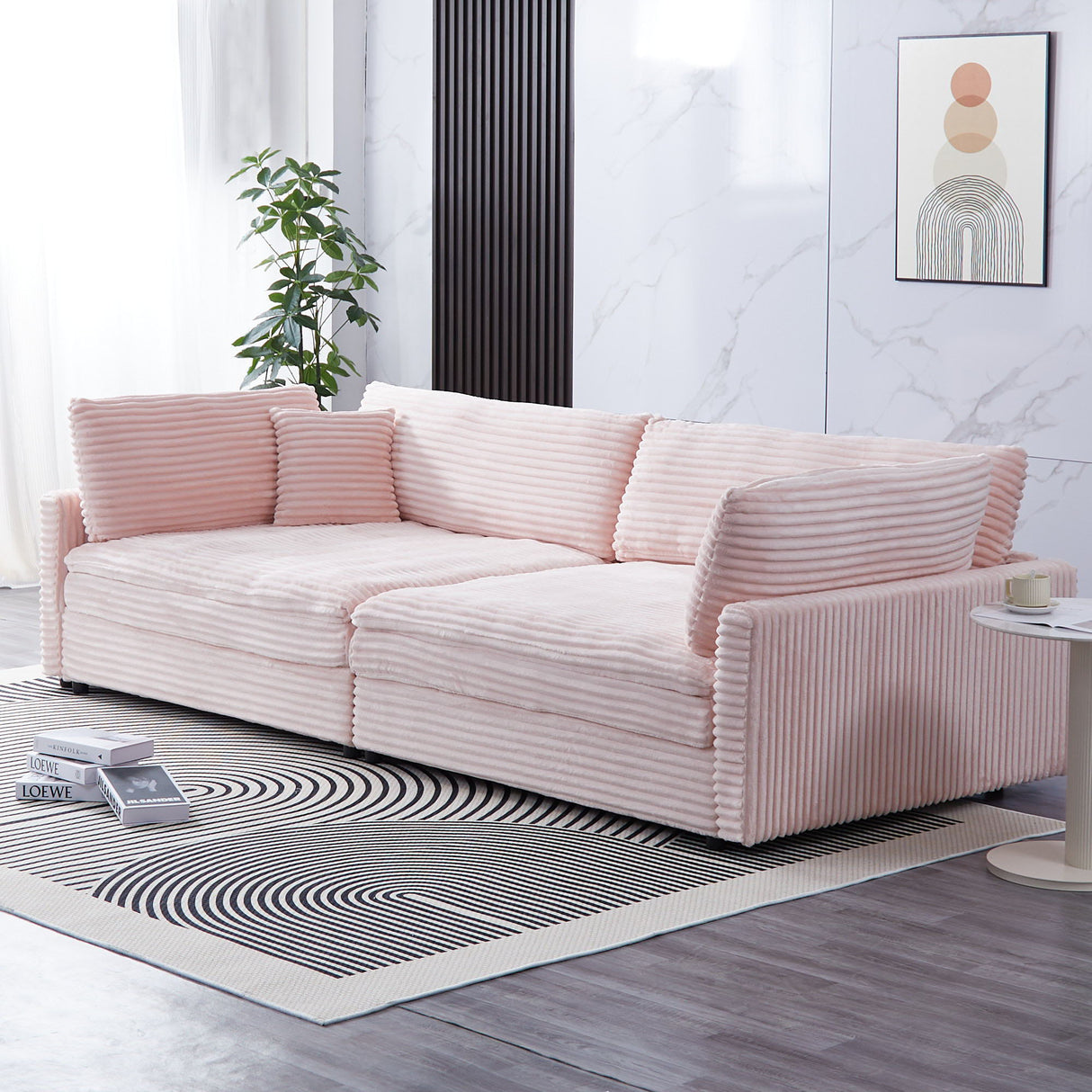 Elegant Corduroy Sofa With Throw Pillows And Backrests