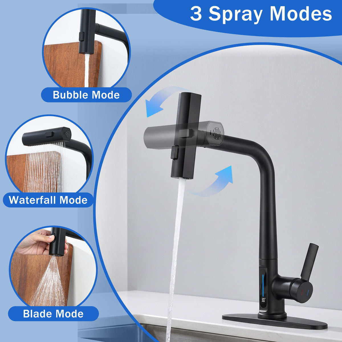 Matte Black Pull-Out Kitchen Faucet With Sprayer, Kitchen Sink Faucet With 3 Spray Modes, Battery-Free LED Temperature Display, 360 Degrees Swivel Spout, Fits 1 Or 3 Hole Sink