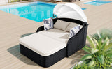 Outdoor Sunbed With Adjustable Canopy, Double Lounge, Daybed - Black / Beige
