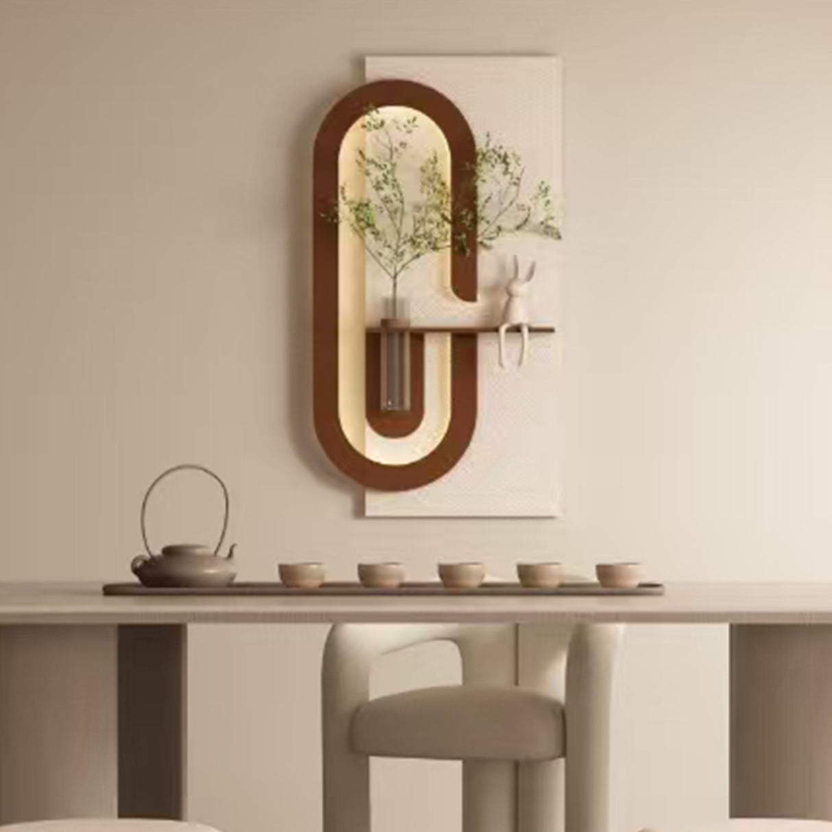 Adjustable LED Sandstone Wall Decor With Simulated Plants 3D Art Sculpture, Glass Vase & Rabbit Statue, Remote Control - Light Coffee