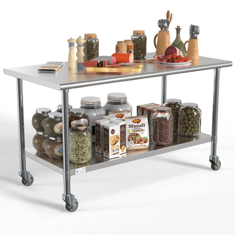 30" x 60" 18-Gauge 304 Stainless Steel Commercial Work Table with Casters, CT3060-18C.