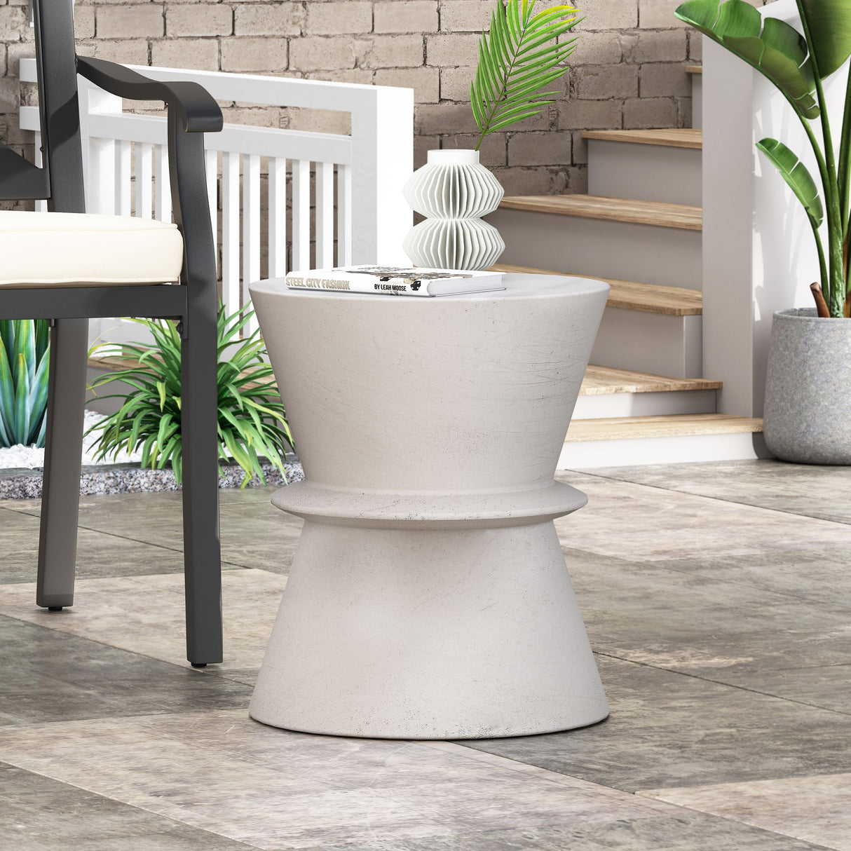 Outdoor Lightweight Concrete End Table With Hourglass Structure - Antique White