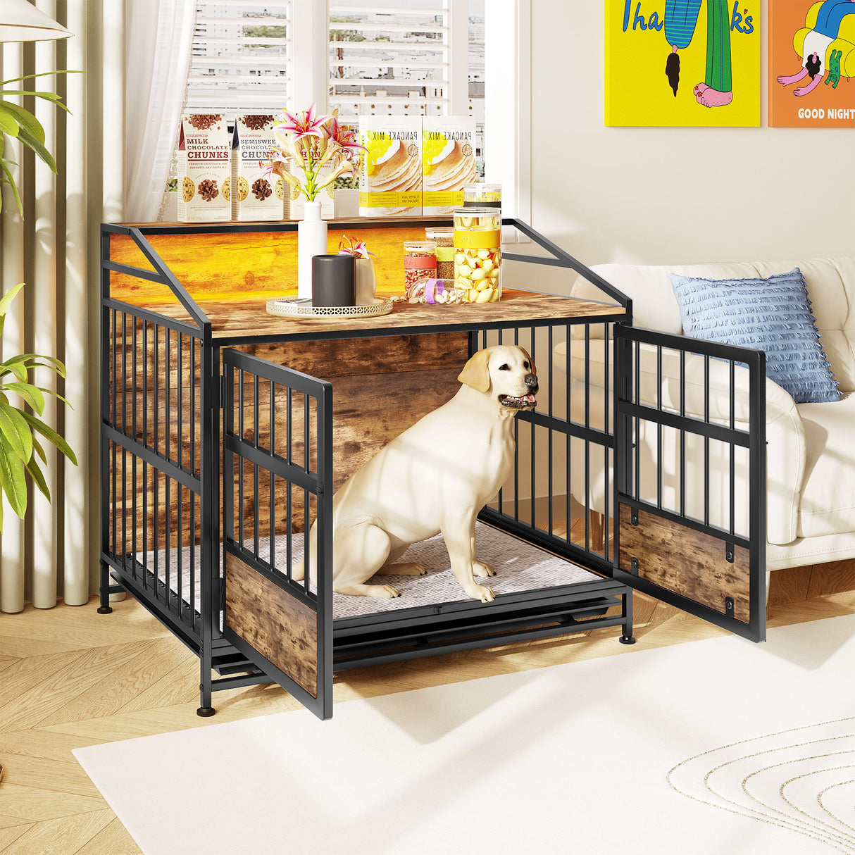 Multi Function Dog Crates With Storage, Double Doors, Indoor Dog Crate - Black Brown