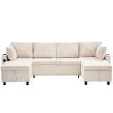 Sectional Sofa Bed With Pull Out Sleeper, USB Ports, Cup Holders