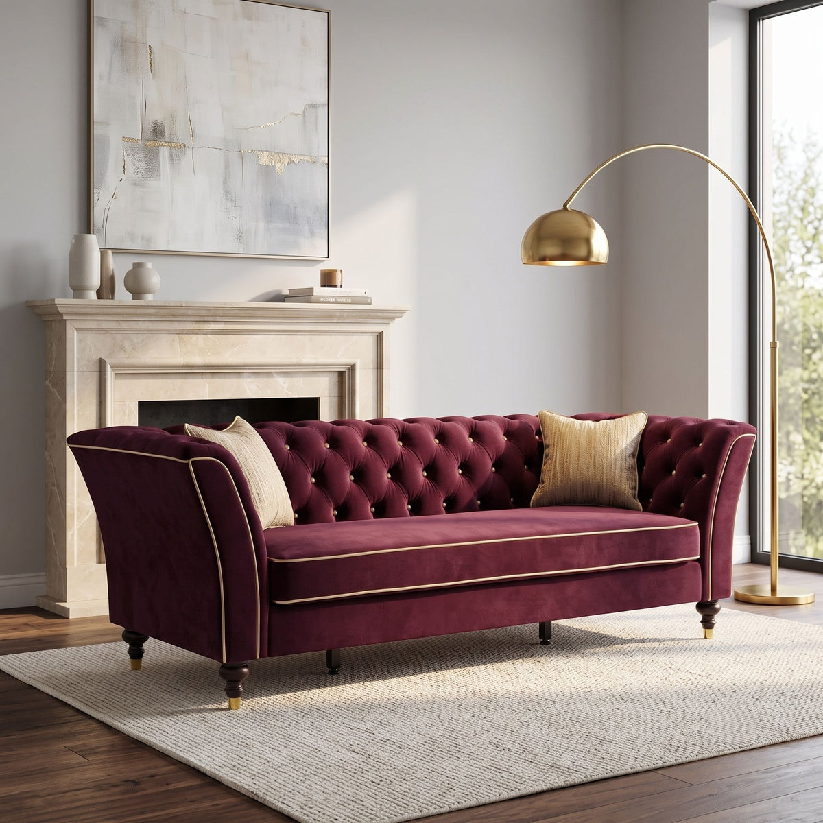 3 Person Sofa With Deep Seat, Tufted Backrest