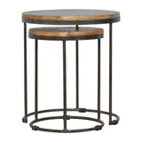 Round Stool Table With Iron Base (Set of 2) - Brown / Black