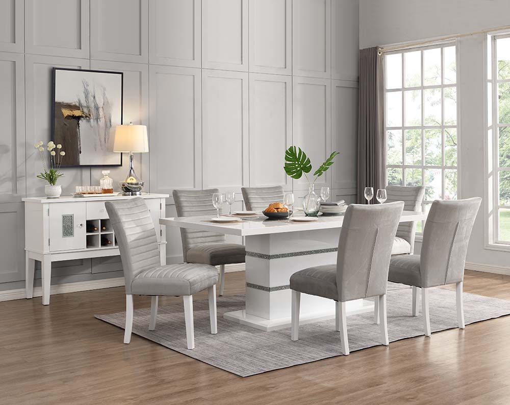 Elizaveta - Dining Table With Pedestal Base - Faux Crystal Diamonds & White High Gloss