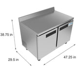 48 in. Stainless Steel Two-Door Worktop Commercial Freezer with 3.5 in. Backsplash, 12 cu. ft. FWT-2D-12C.