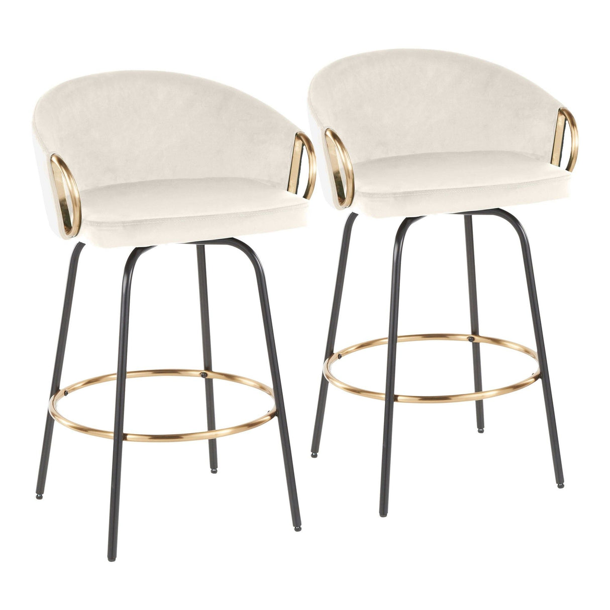 Claire - 26" Fixed-Height Counter Stool With Swivel And Round Gold Metal Footrest (Set of 2) - Black Metal