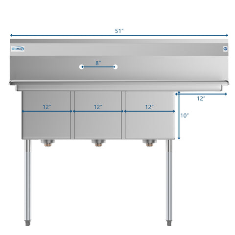 51 in. Three Compartment Stainless Steel Commercial Sink with Drainboard, Bowl Size 12"x 16"x 10" SC121610-12R3. 5.0 out of 5 stars, average rating value. Read 4 Reviews. Same page link. 5.0   (4) Write a review