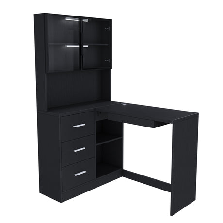 L-Shaped Computer Desk With Glass Cabinets, Built In LED Lights, USB Charging Ports