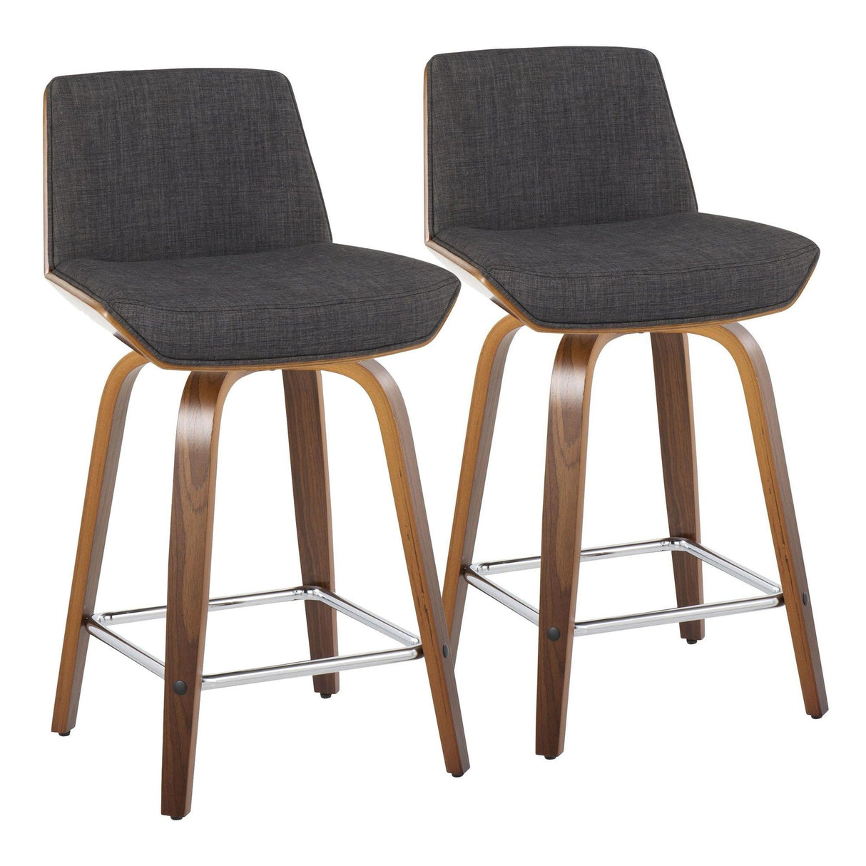 Corazza - Mid-Century Modern Fixed-Height Swivel Counter Stool (Set of 2) - Walnut Wood / Charcoal Fabric With Square Chrome Metal Footrest