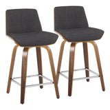 Corazza - Mid-Century Modern Fixed-Height Swivel Counter Stool (Set of 2) - Walnut Wood / Charcoal Fabric With Square Chrome Metal Footrest