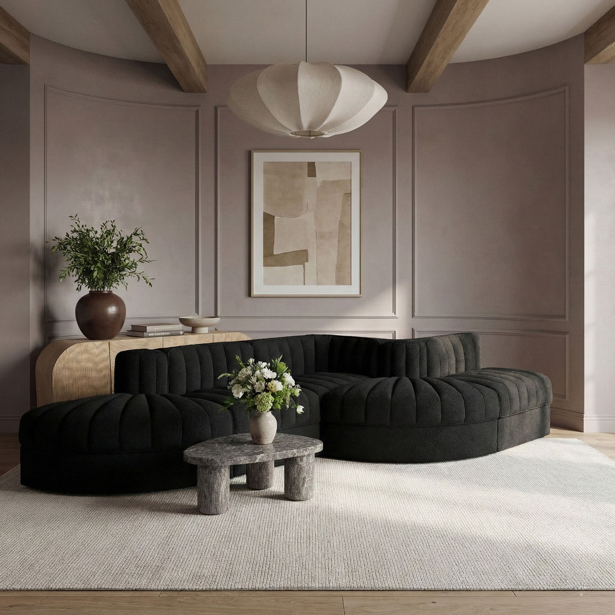Rummi - Rounded Velvet Performance Fabric Upholstered 5 Piece Modular Sectional