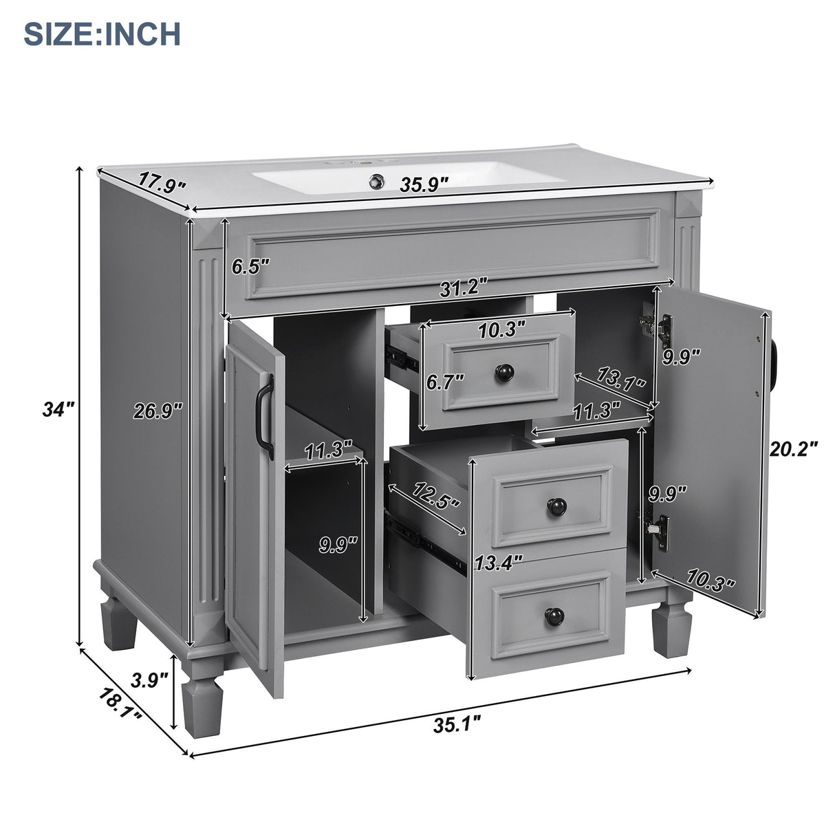 Bathroom Vanity With Top Sink, Mirror Cabinet, 2 Soft Closing Doors & 2 Drawers