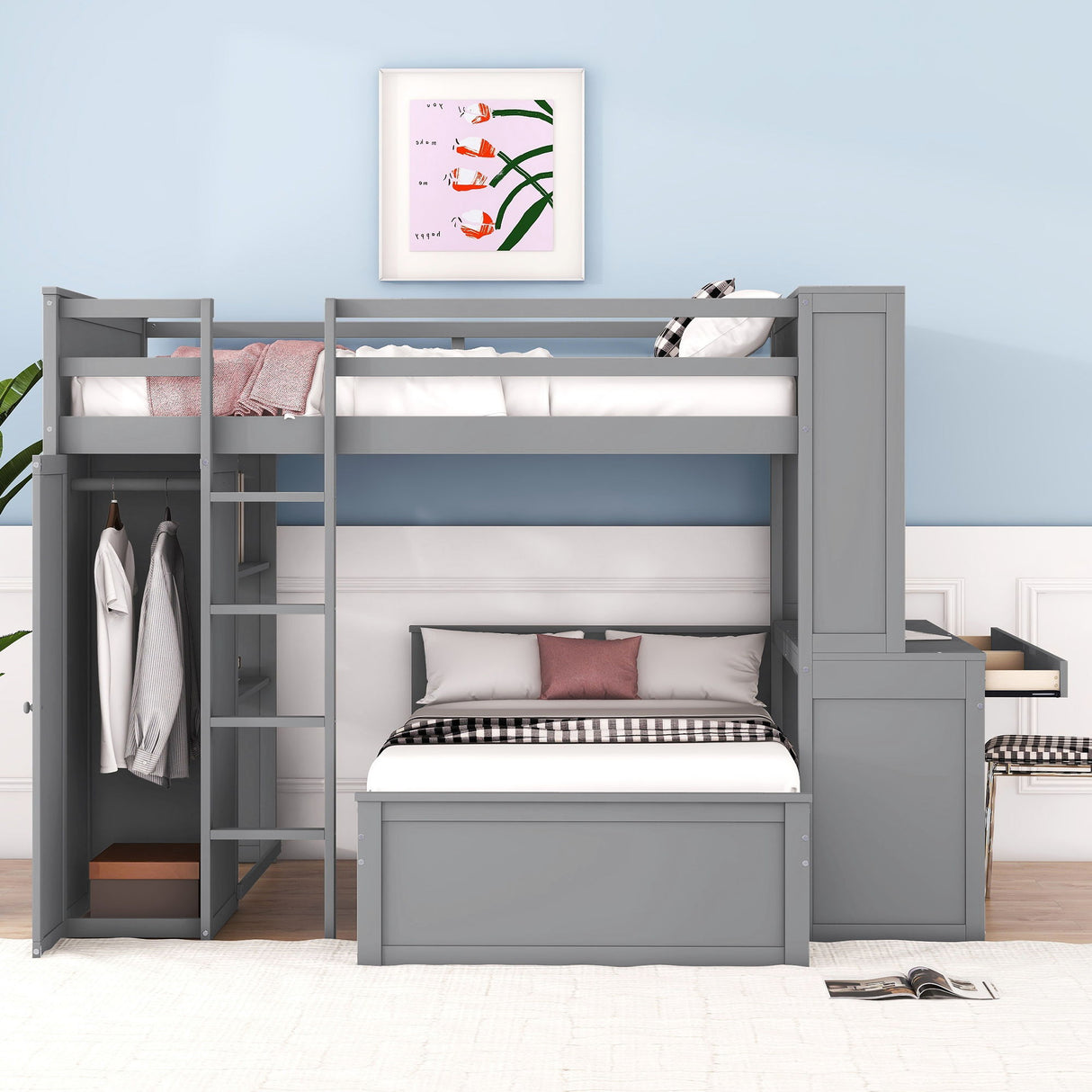 Loft Bed With A Twin Size Standalone Bed, Shelves, Desk, And Wardrobe