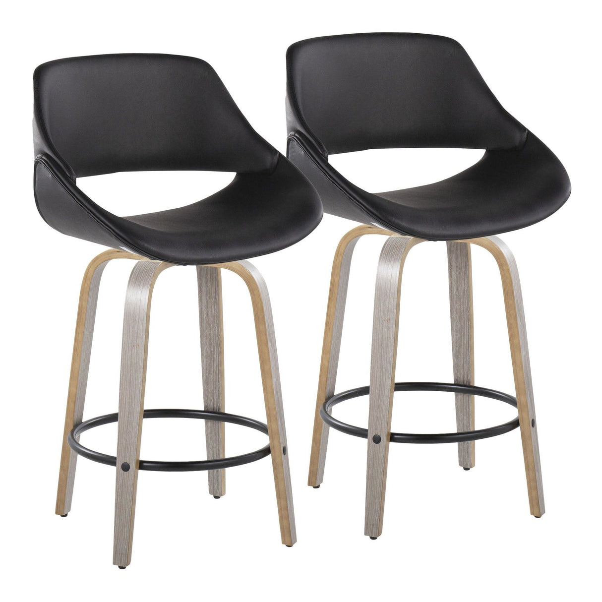 Fabrizzi - 26" Fixed-Height Counter Stool With Swivel And Round Black Metal Footrest (Set of 2) - Light Gray Wood