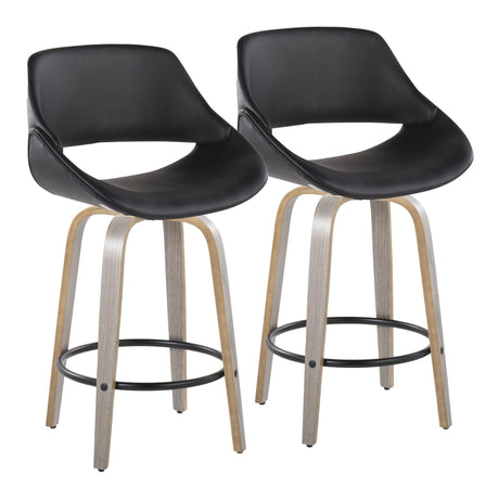 Fabrizzi - 26" Fixed-Height Counter Stool With Swivel And Round Black Metal Footrest (Set of 2) - Light Gray Wood