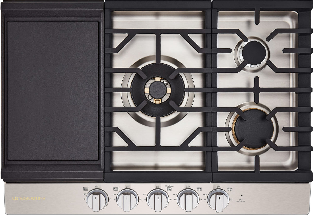 LG SIGNATURE CBGU3039X Gas Cooktop angled top view