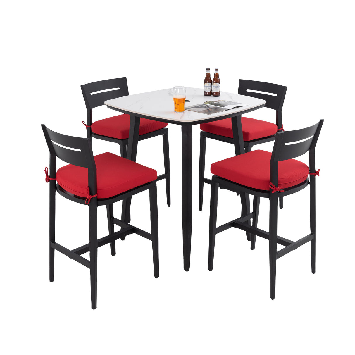 5 Pieces Outdoor Patio Bar Set, Rounded Square Table & 4 Aluminum Bar Stools