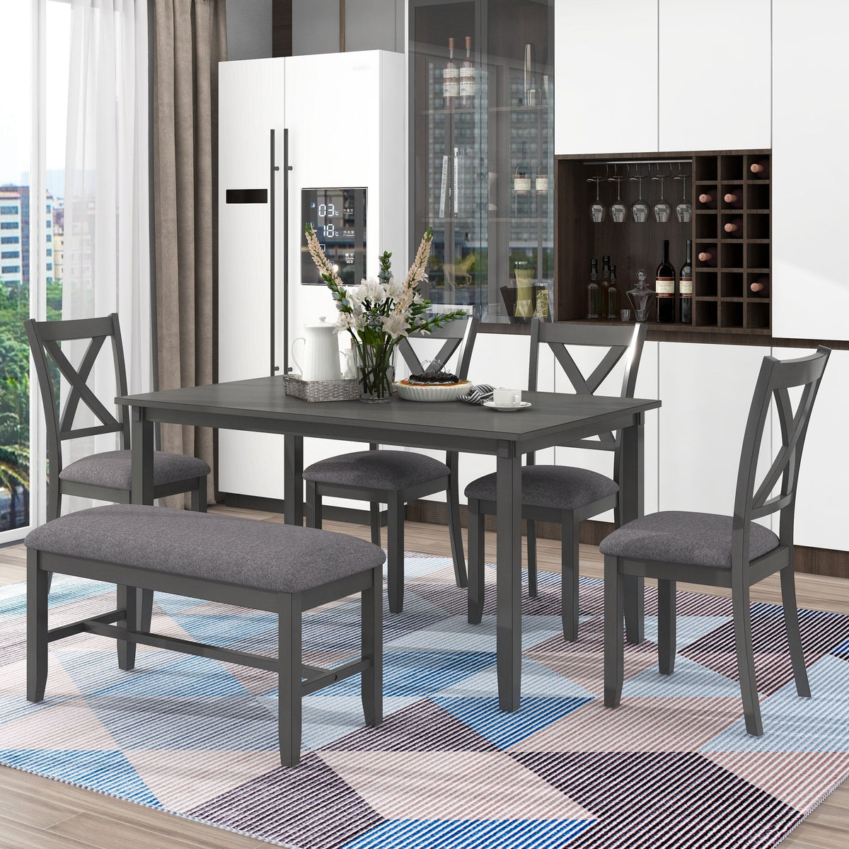 6 Piece Rectangular Dining Table Set With 4 Chairs And Bench