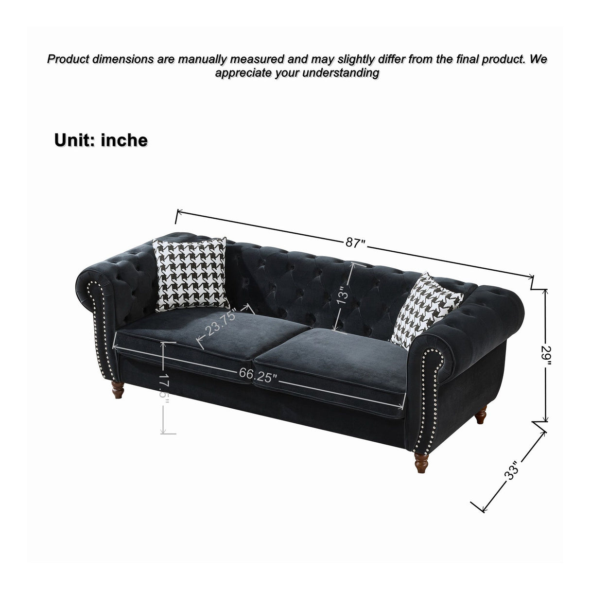 Chesterfield Upholstery Fabric Sofa With Roll Armrest & Nailhead