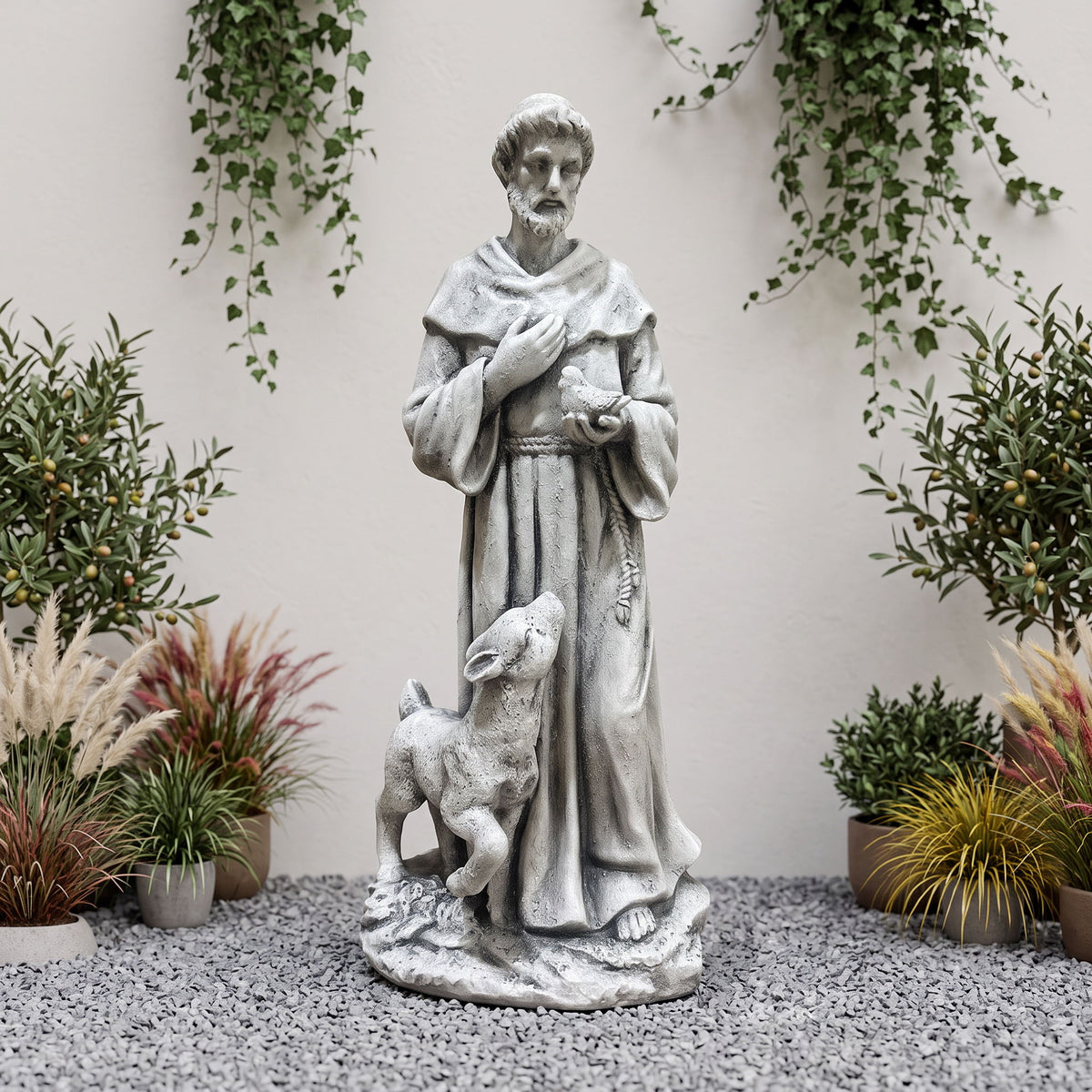St. Francis Of Assisi Religious Garden Statue With Bird And Fawn For Patio And Lawn - Antique Gray