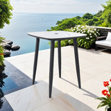 Modern Outdoor Bar Table, Rounded Square Sintered Stone Top With Umbrella Hole, Rust Free Frame, Weatherproof - Ember Black / White