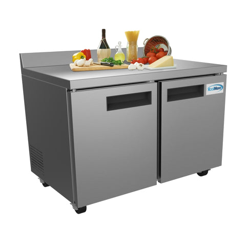 48 in. Stainless Steel Two-Door Worktop Commercial Freezer with 3.5 in. Backsplash, 12 cu. ft. FWT-2D-12C.