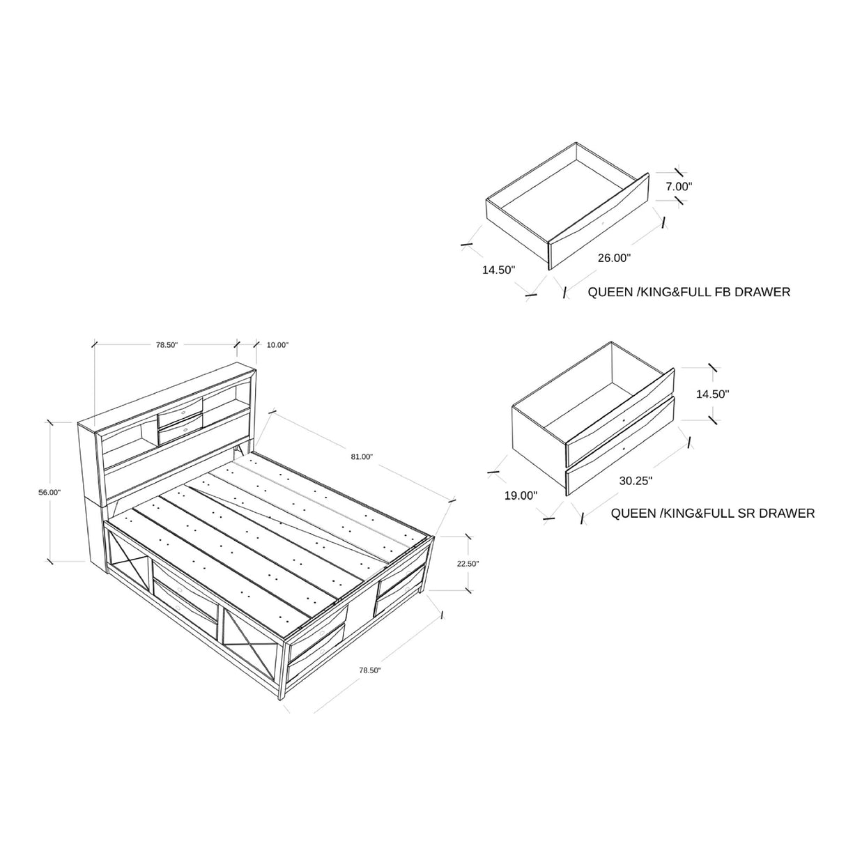 Lucille - 5 Piece Bedroom Set With Storage Drawers And Bookcase Headboard