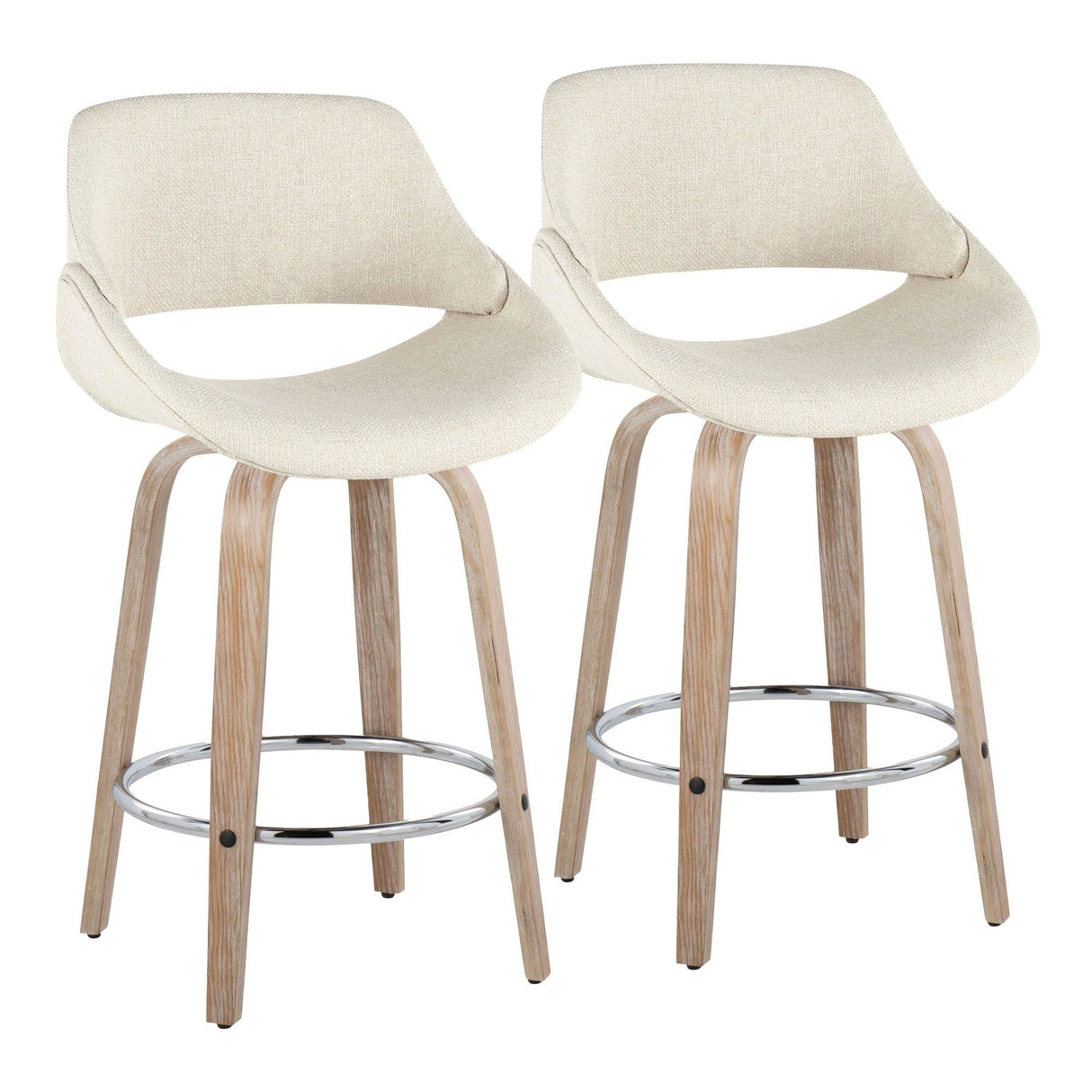Fabrizzi - 26" Fixed-Height Counter Stool With Swivel And Round Chrome Metal Footrest (Set of 2) - White Washed Wood And Cream Noise Fabric