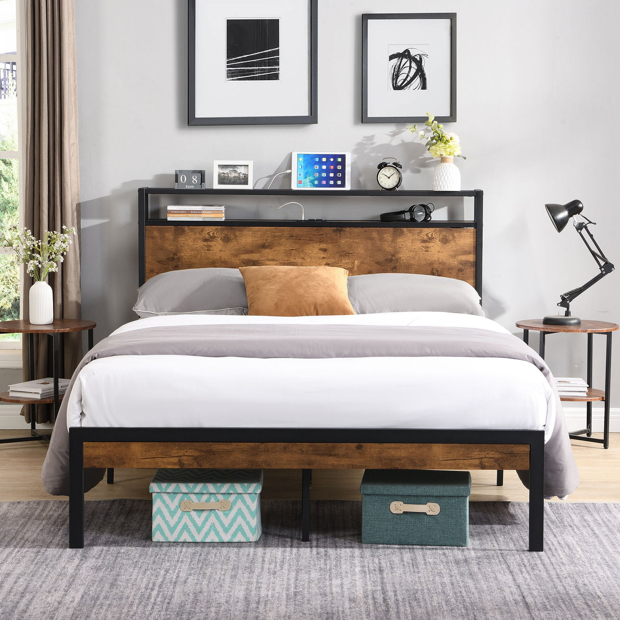 Metal Platform Bed Frame With Wooden Headboard And Footboard With USB Liner, No Box Spring Needed, Under Bed Storage