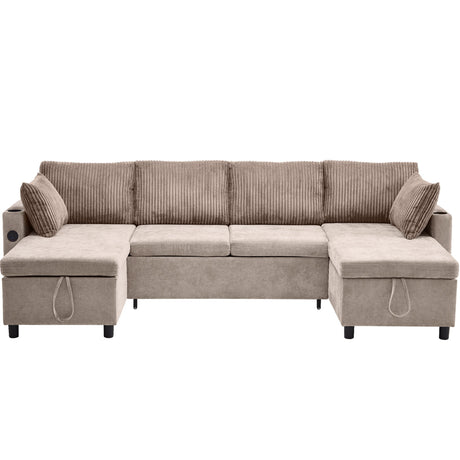 Sectional Sofa Bed With Pull Out Sleeper, USB Ports, Cup Holders
