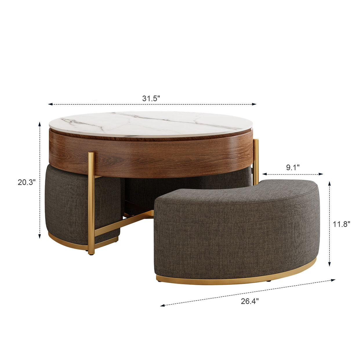 Lift Top Round Coffee Table With Hidden Storage, 3 Upholstered Nesting Ottomans - Brown / Gray / Golden / White