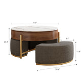 Lift Top Round Coffee Table With Hidden Storage, 3 Upholstered Nesting Ottomans - Brown / Gray / Golden / White