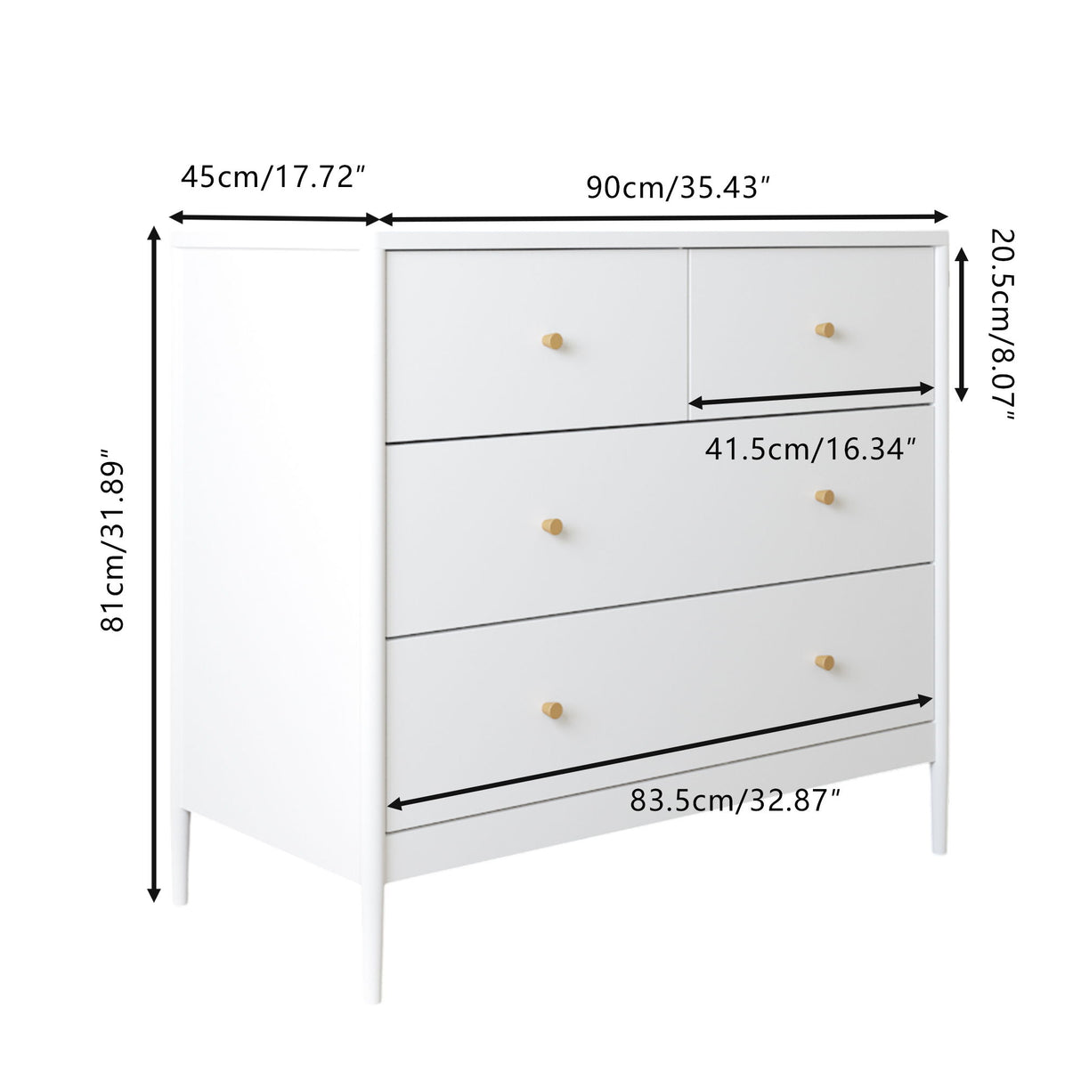 4 Drawer Kids Dresser With Antique Brass Pulls - White