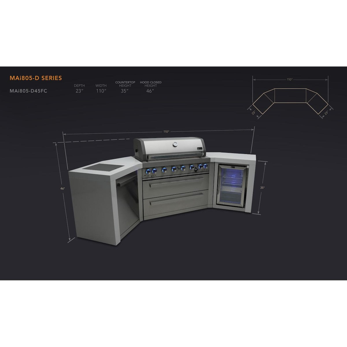 Mont Alpi Deluxe Series 9.5 Ft U-Shaped Propane Outdoor Kitchen Island w/ Side Burner & Fridge - MAi805-D45FC