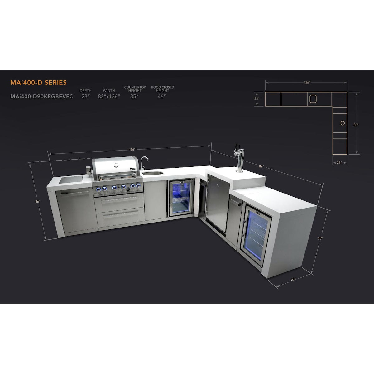 Mont Alpi Deluxe Series 11.5 Ft L-Shaped Propane Outdoor Kitchen Island w/ Side Burner, Beverage Center, Fridge & Kegerator - MAi400-D90KEGBEVFC