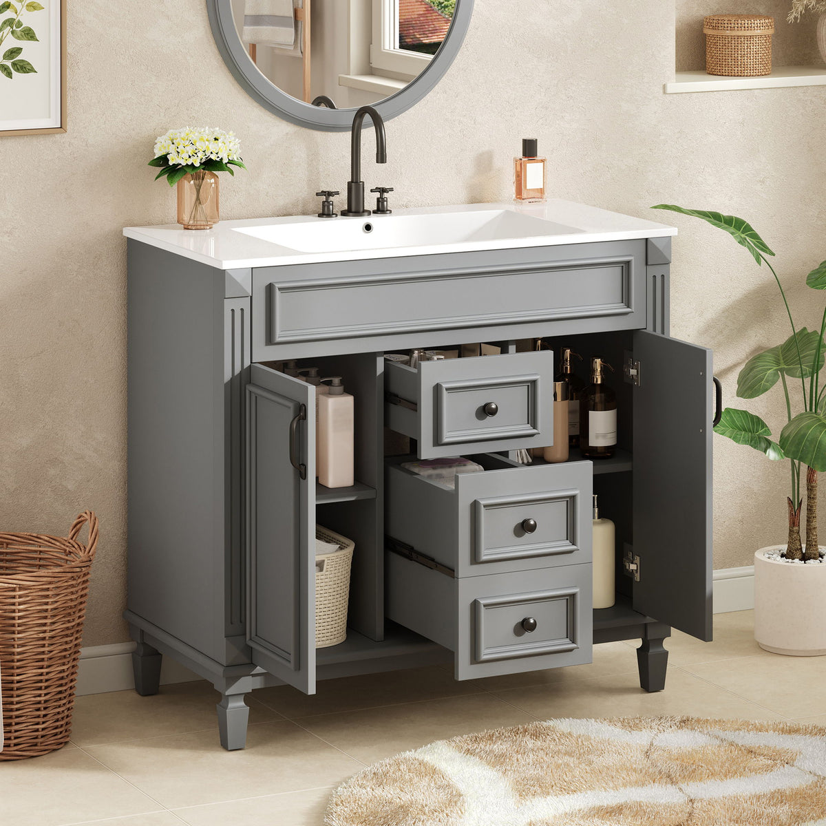 Bathroom Vanity With Top Sink, Cabinet With 2 Soft Closing Doors And Drawers