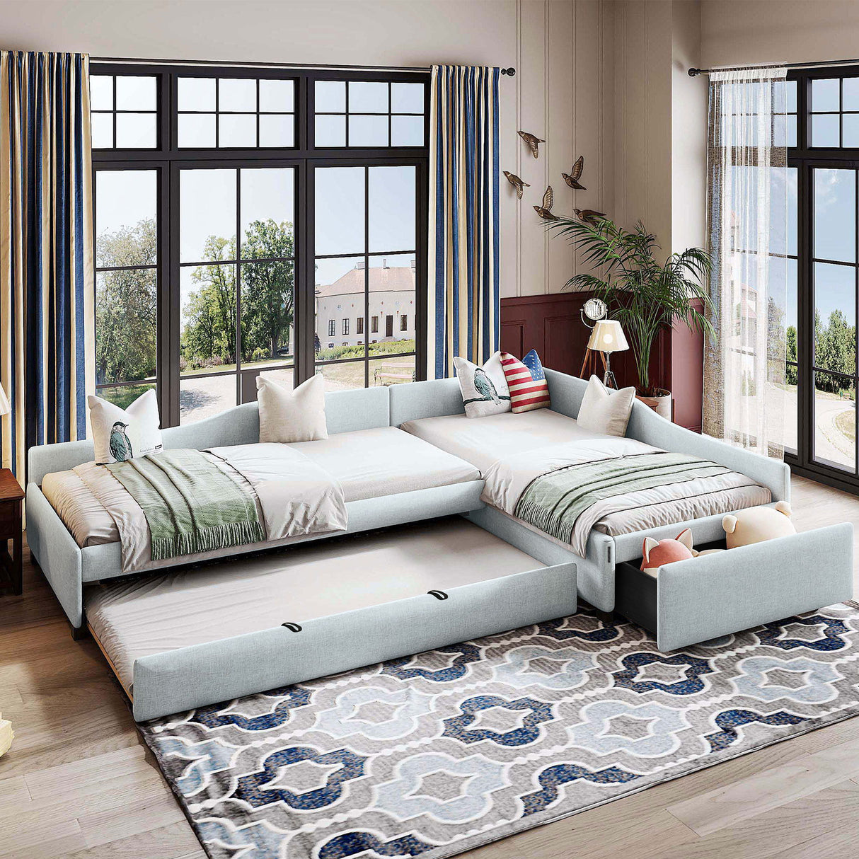 Upholstered Double Daybed With Trundle And Drawer