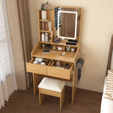 Vanity Table With LED Mirror, Power Outlet, Hairdryer Holder & Padded Stool, Compact Dressing Desk For Small Bedrooms - Wood