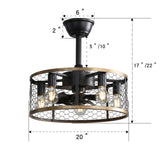 20" Industrial Cage Ceiling Fan With Remote Control, 7 Blades, DC Motor, 1H / 4H / 8H Timer - Black